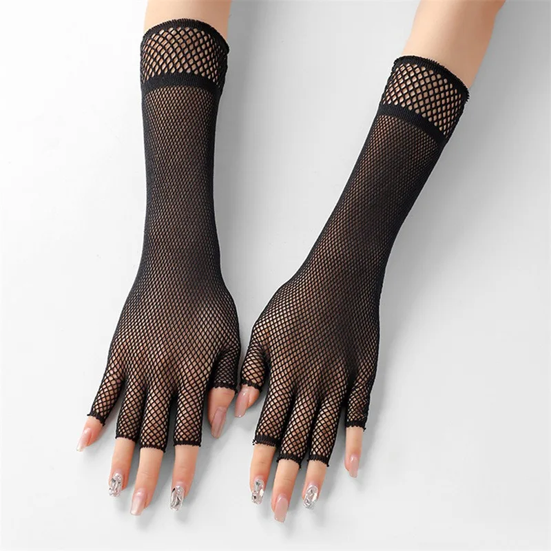 Mesh Lace Long Fishnet Gloves Black Halloween Women Sexy Fingerless Gloves Girls Dance Gothic Punk Rock Festival Gloves Mittens