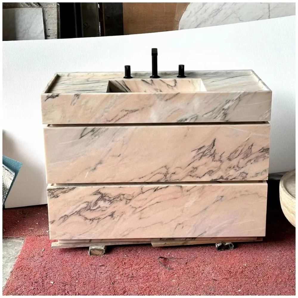 Natural Pink Marble Vanity Cabinet Freestanding or Wall Mount Bathroom Set with Basin and Drawers for Hotel and Villa
