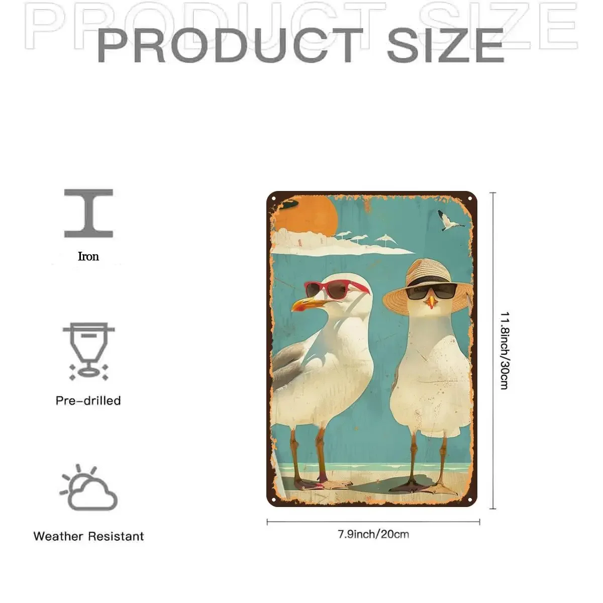 2D Flat, 2D Flat,1pc,Seagull Beach Vacation Metal SignMetal Tin Sign, Pre-Drilled Holes, Suitable for Indoor, Garden,Outdoor, Ho