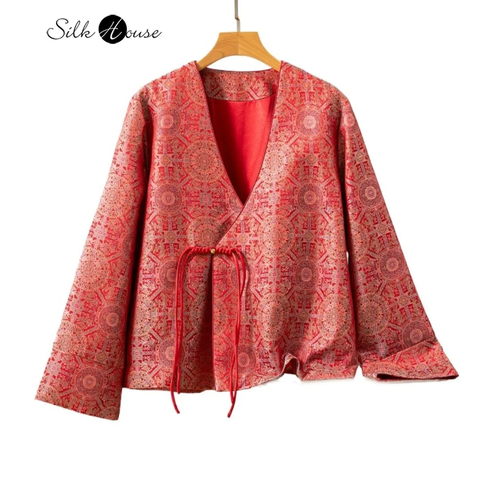 Damesmode Herfstkleding Pioen Gedrukt Natuurlijke Moerbei Zijde Lied Brokaat Diagonale V-hals Nieuwe Chinese Stijl Jas