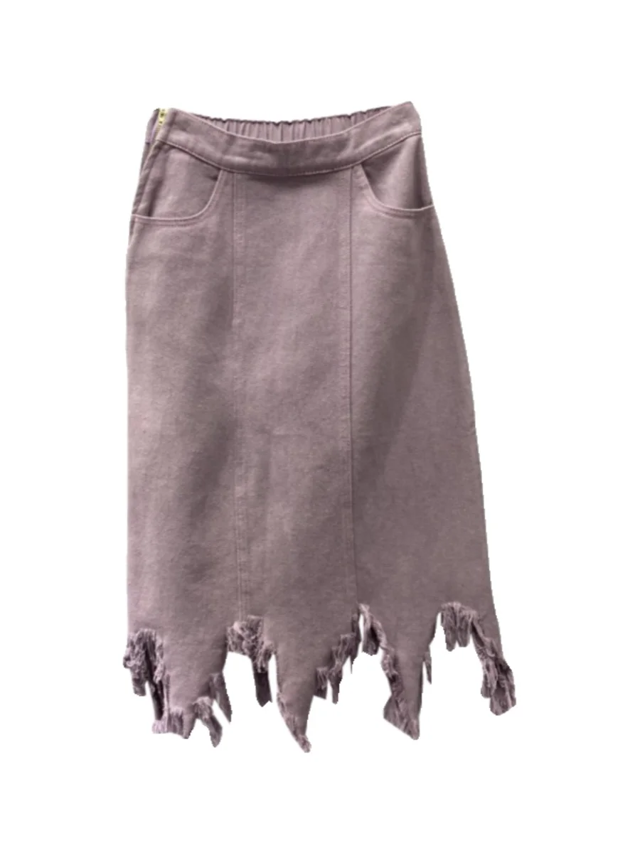 大サイズフリンジガール夏の新ハイウエストルーズ不規則なデニムスカートエレガントなパープルロング A ラインシンプルな多用途スカート