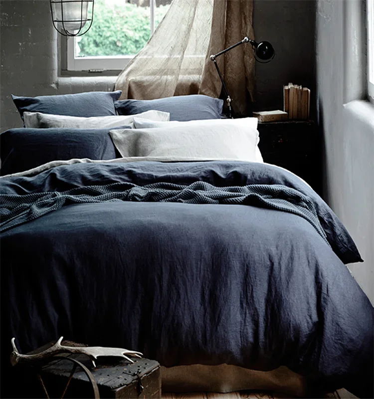 

QDTEX BLUE Flat plain Linen Bedding Sets Pure Linen Duvet cover Sets