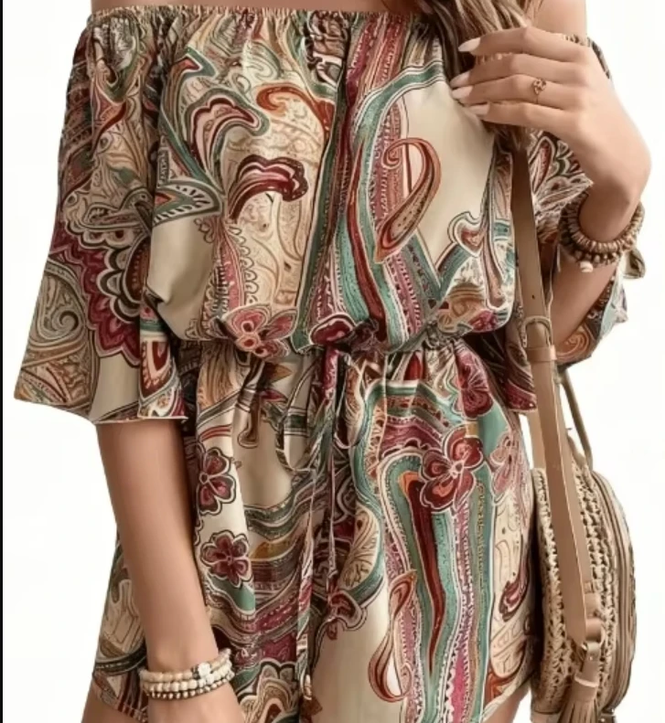 

Women's Summer Off - Shoulder Romper, Print Short Sleeves Casual Romper for Vacation