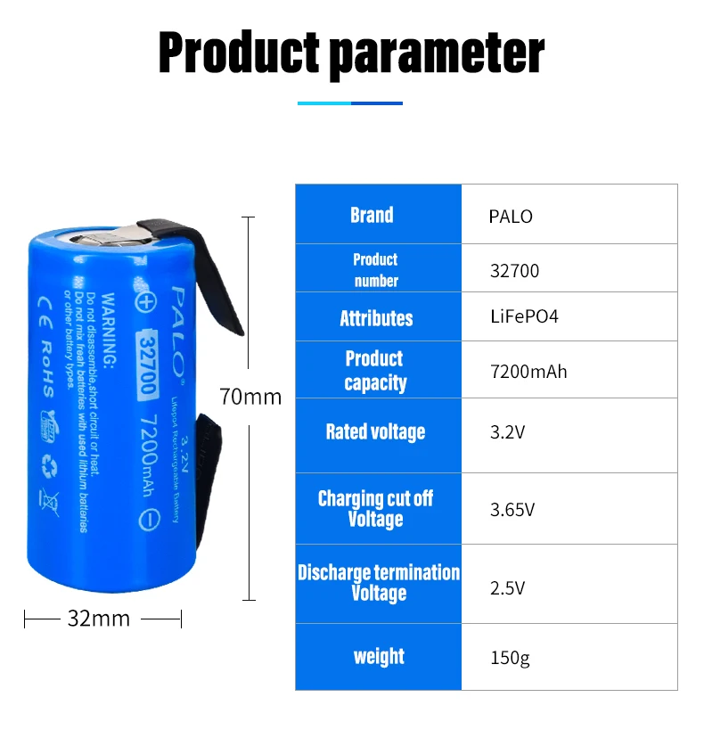 PALO LiFePO4 32700 Battery 7200mAh 3.2V 35А 55A High power lifepo4 cell 5C Continuous Discharge batteries For Power flashlight