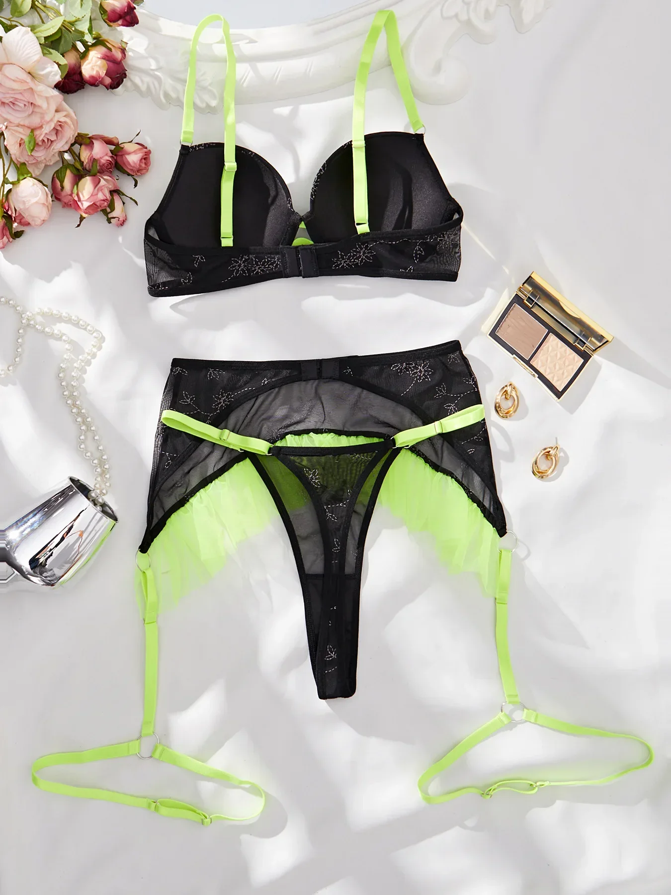 Сексуальный комплект экзотической одежды для женщин, черно-зеленый комплект нижнего белья из 3 предметов Perspective Fun, стринги с высокой талией, подарок на День святого Валентина, новинка 2023 года