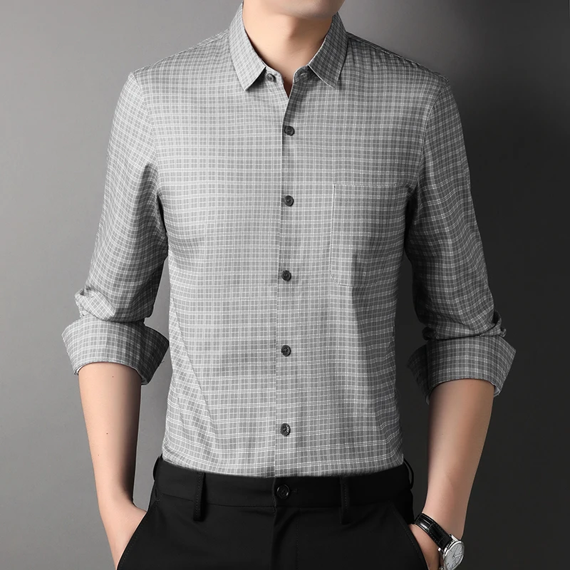 New Spring 2023 Men's Business Casual Small Plaid Long Sleeve Shirt Stylish High Quality Stretch Shirt Male Brand Clothing