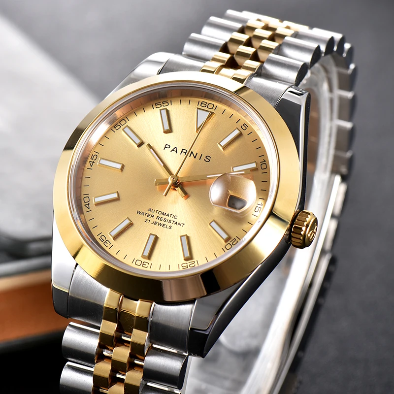 Imagem -03 - Moda Parnis 39.5 mm Mostrador de Ouro Automático Relógios Mecânicos Masculinos Calendário Relógio de Vidro de Safira Relógio Masculino Pulseira de Aço Inoxidável