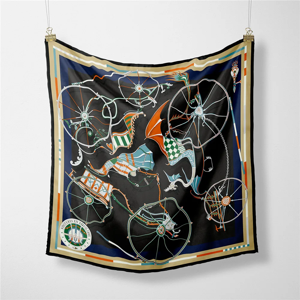 53CM Twill Silk Scarf Woman Carriage Wheel Print Square Scarves Wraps Bandana Small Hijab Silk Foulards Tie Headband Neckerchief