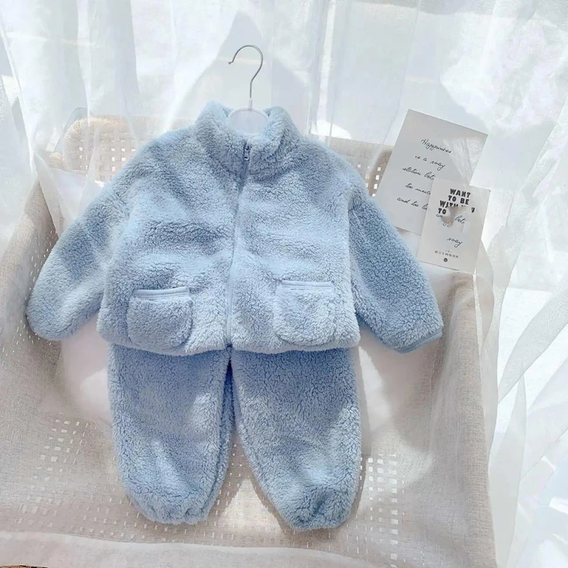 Autumn Winter Warm Boy Girl Clothes Pajamas Set Thick  Toddler Child Solid Color Long Sleeve Sleepwear Kids Home Suit 2-6Years