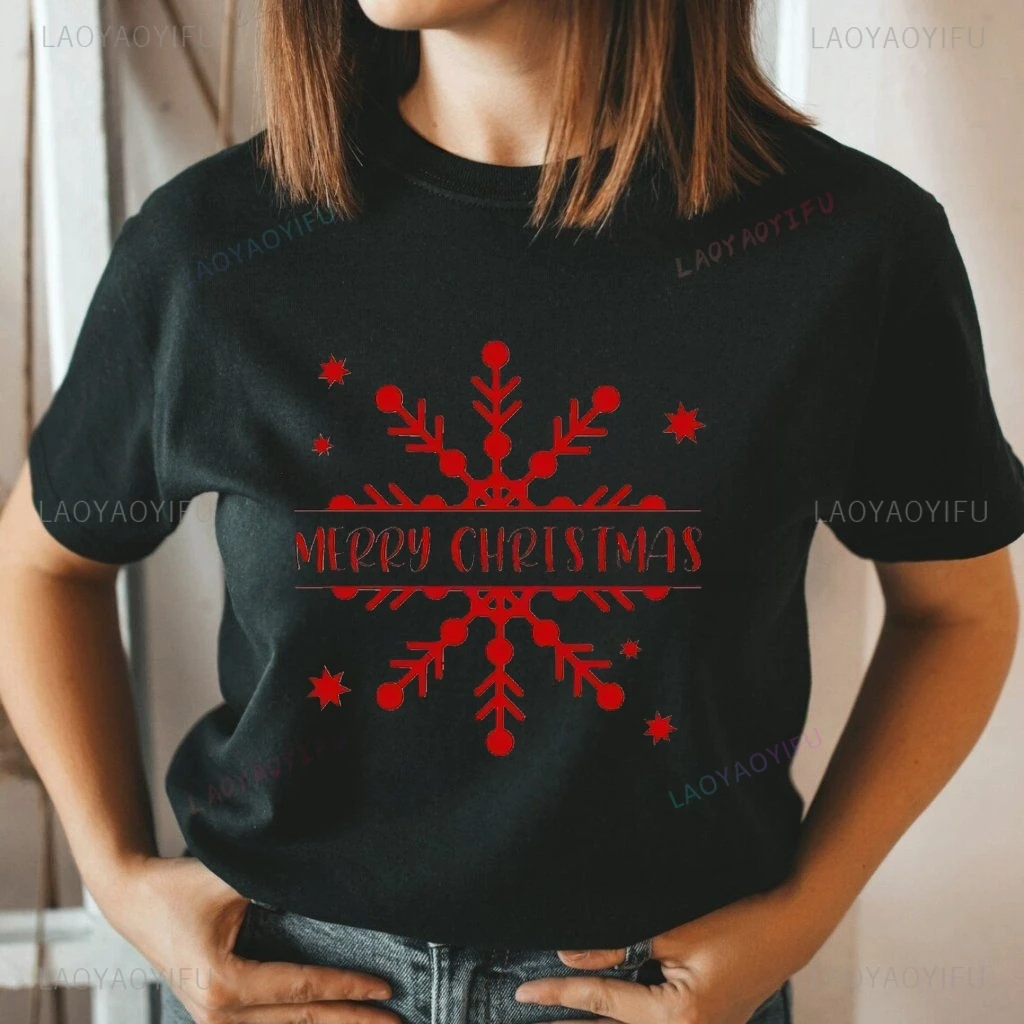 Merry Christmas Snow Print Shirt, Christmas Everyday Casual Clothing, Women's Fashion Short-sleeved Cotton 0 Neck T-shirt