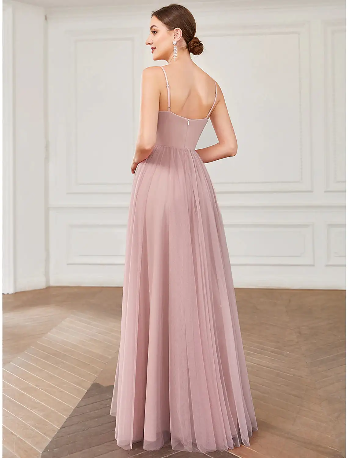 A Line Prom Guest Prom Floor Length Sleeveless V Neck Bridesmaid Dress Tulle V Strap Pleated Drape فساتين للمناسبات الرسمية