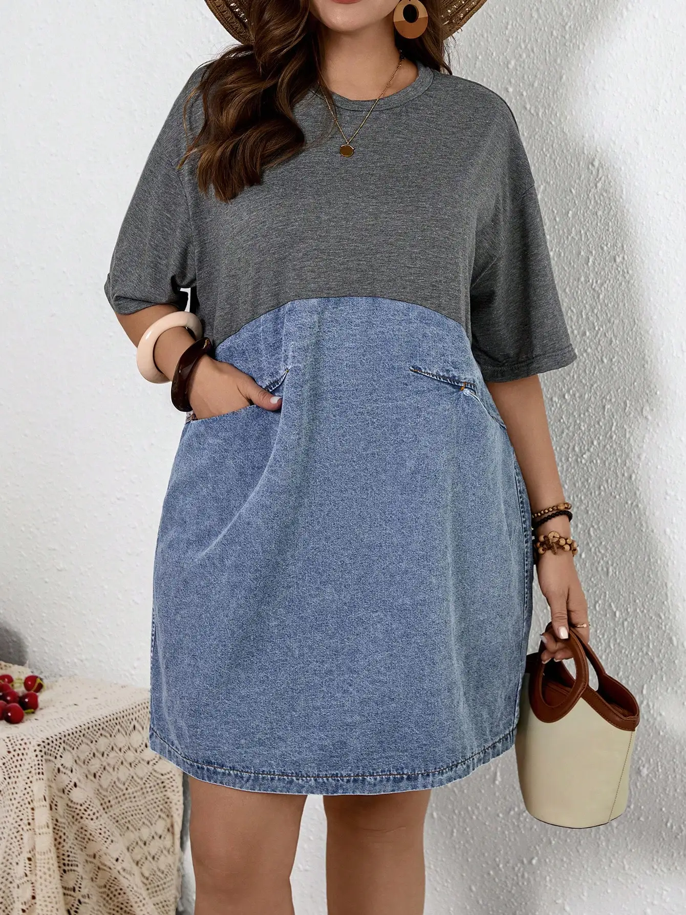 

Свободное джинсовое платье миди с круглым вырезом и короткими рукавами, повседневное, женское