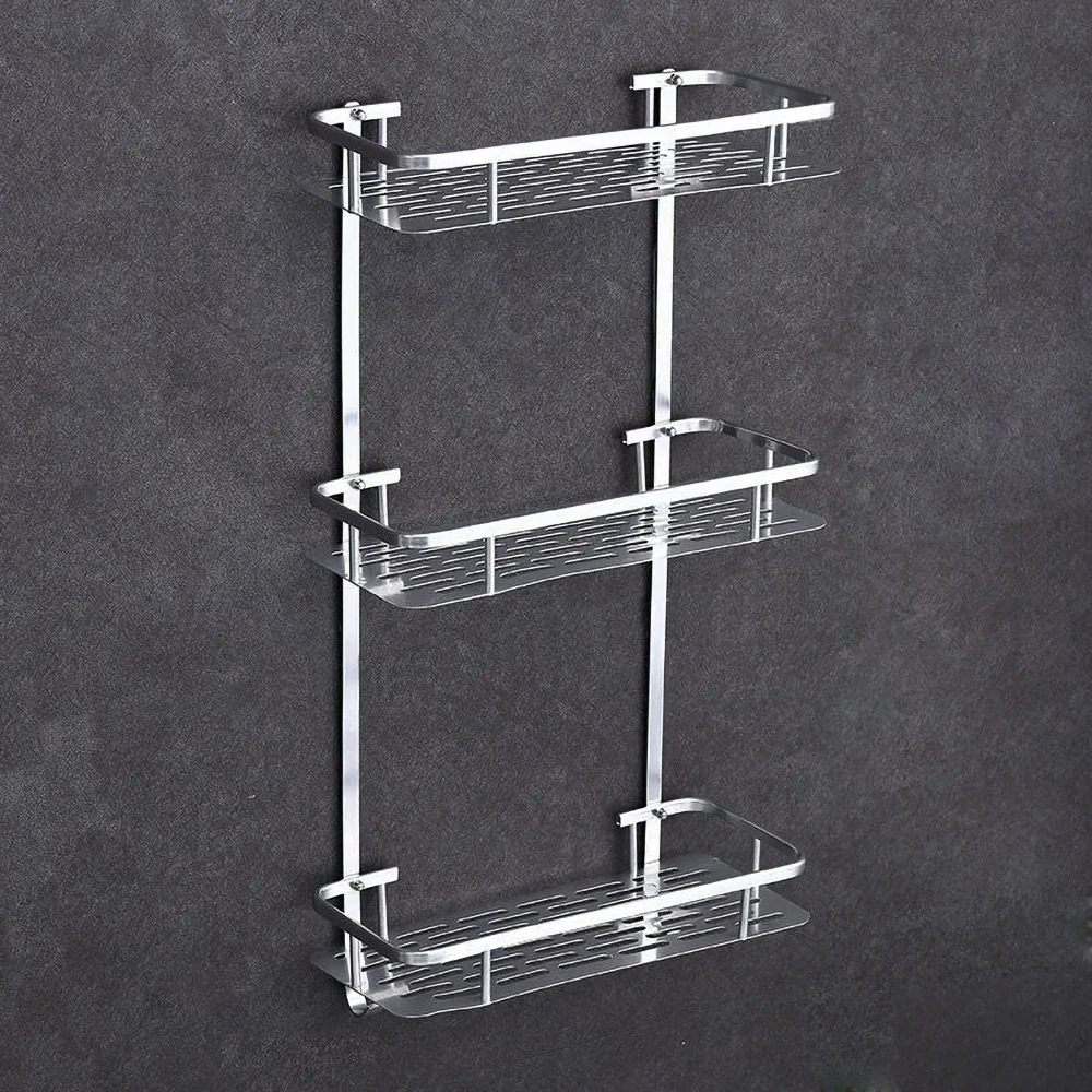 Bathroom Square Shelves Silver Aluminum Shower Basket Shampoo 1-3 Layer Holder Wall Hanger Storage Rack Organizer Accessories