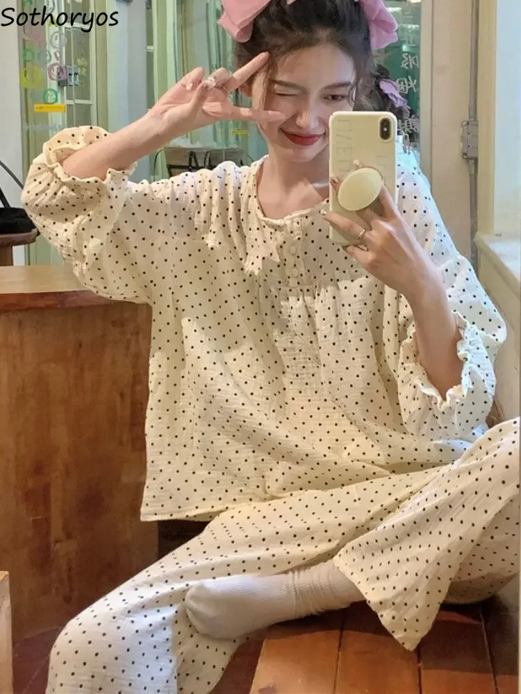 

Pajama Sets Women Soft Loose Home Simple Fashion Polka Dot Autumn Korean Style Casual Elegant Breathable Creativity Students Ins