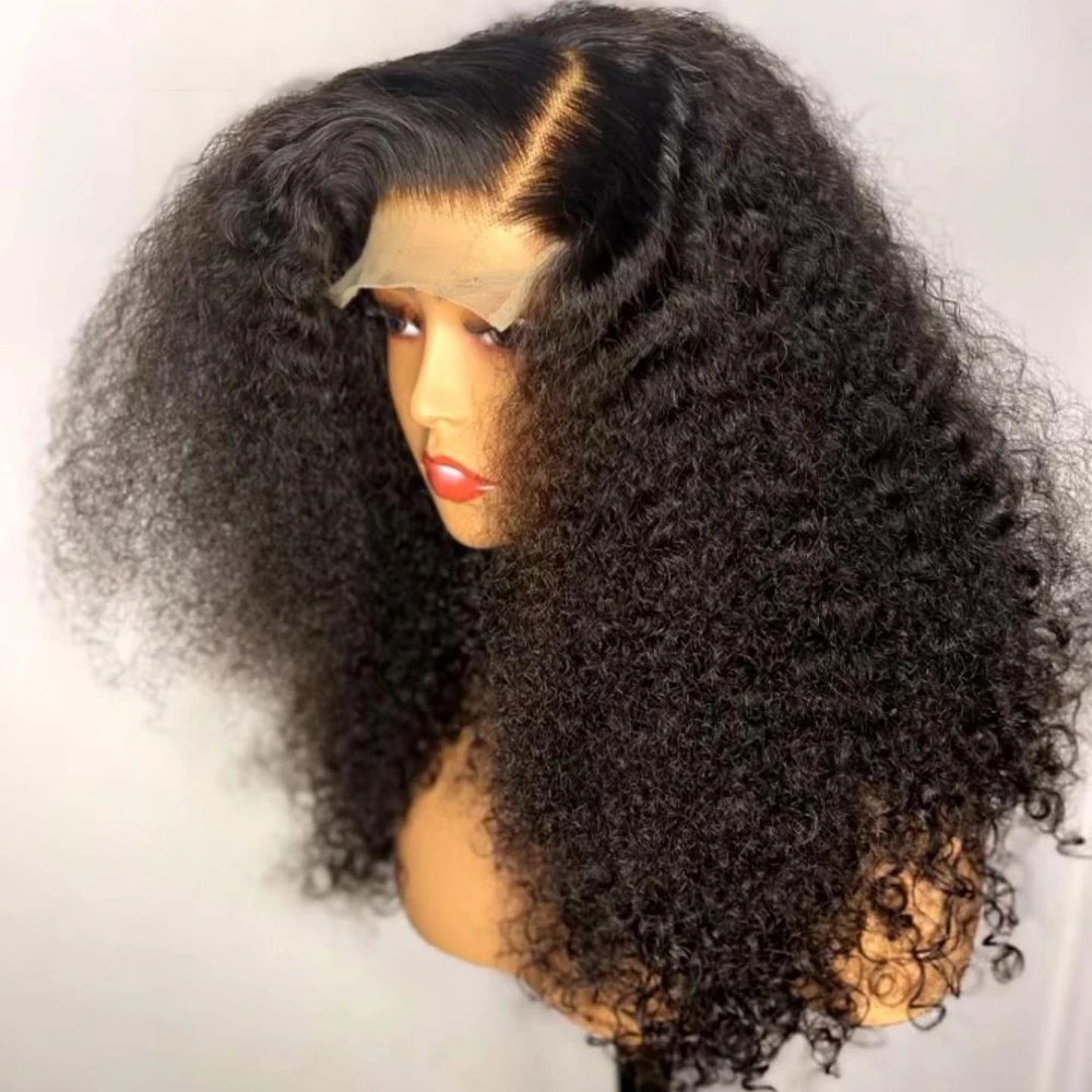 Soft Preplucked Glueless 26Inch Long Natural Black Kinky Curly 180Density Deep Lace Front Wig For African Women Babyhair Daily