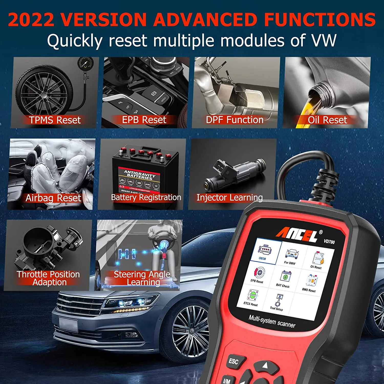 ANCEL VD700 All System OBD2 Scanner for VAG VW Audi TPMS Oil ABS EPB D-P-F TPS  Airbag Reset OBD 2 Car Diagnostic Tools