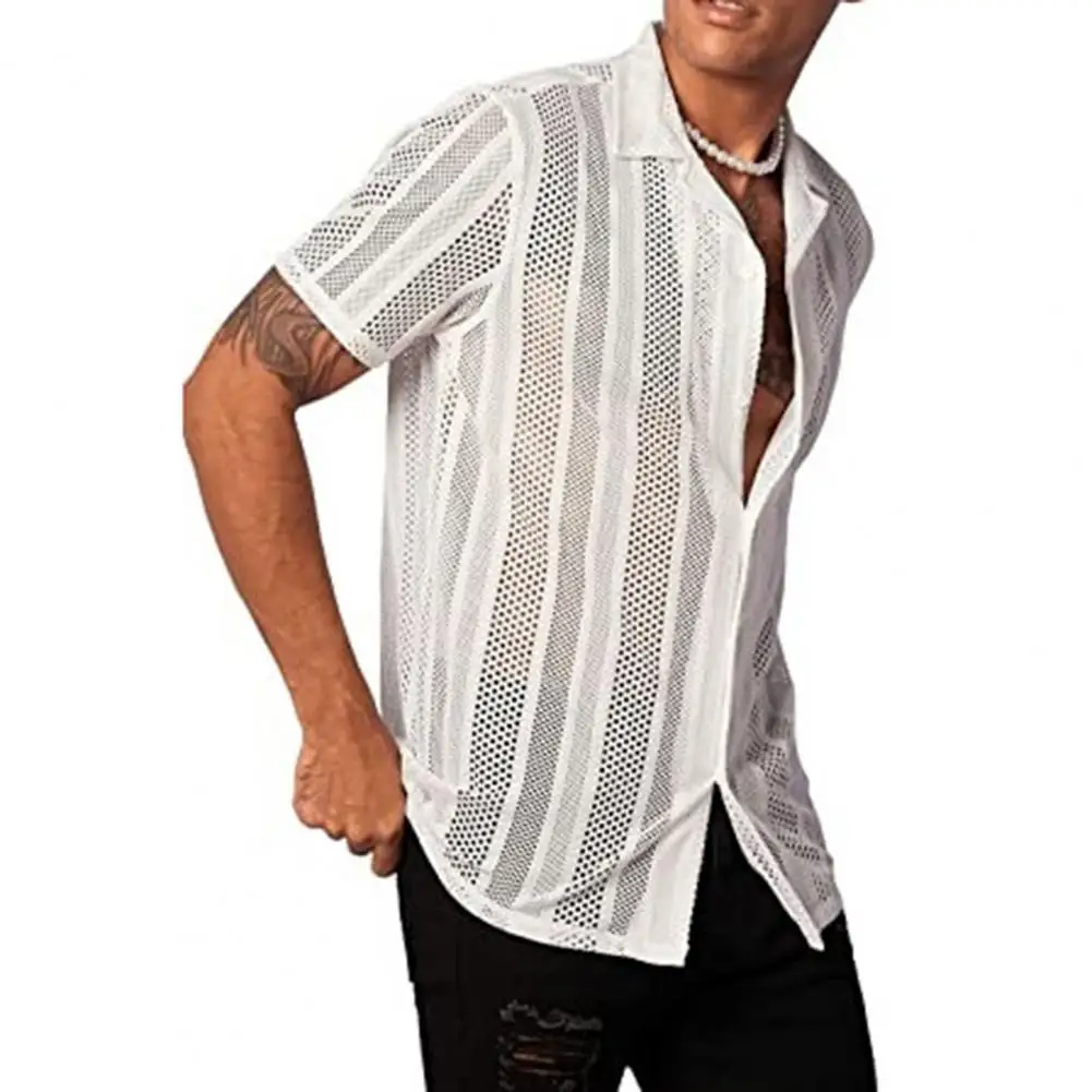 Soft Men Shirt Breathable Hollow Out Men's Summer Shirt with Short Sleeves Lapel Single-breasted Cardigan for Sport Club