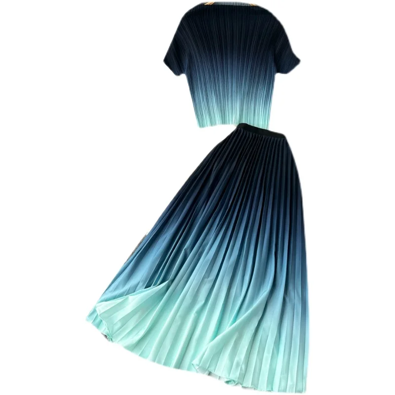 2024 New Summer Women Sets Fashion Gradient Color Short Sleeve Short Top And High Waist Pleated Long Skirt Two Piece Set