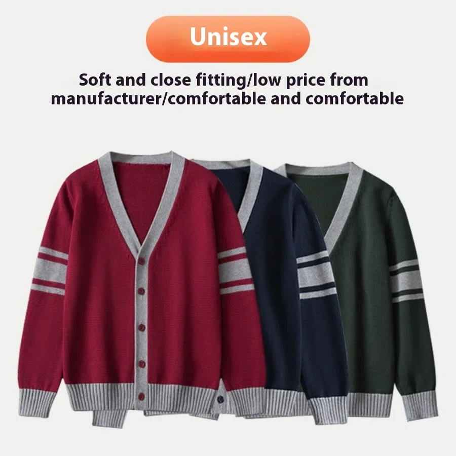 Spring Autumn Teens Kids Cardigan Cotton V-Neck Knitwear Sweater Preppy Style Boys Girls Top Clothes Casual Versatile Outerwear