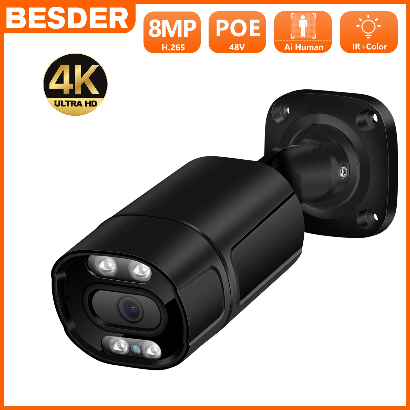 BESDER 8MP 4K 48V POE IP Camera Outdoor Color Night Vision Motion Detection 4MP Two-way Audio Video Surveillance Security Camera