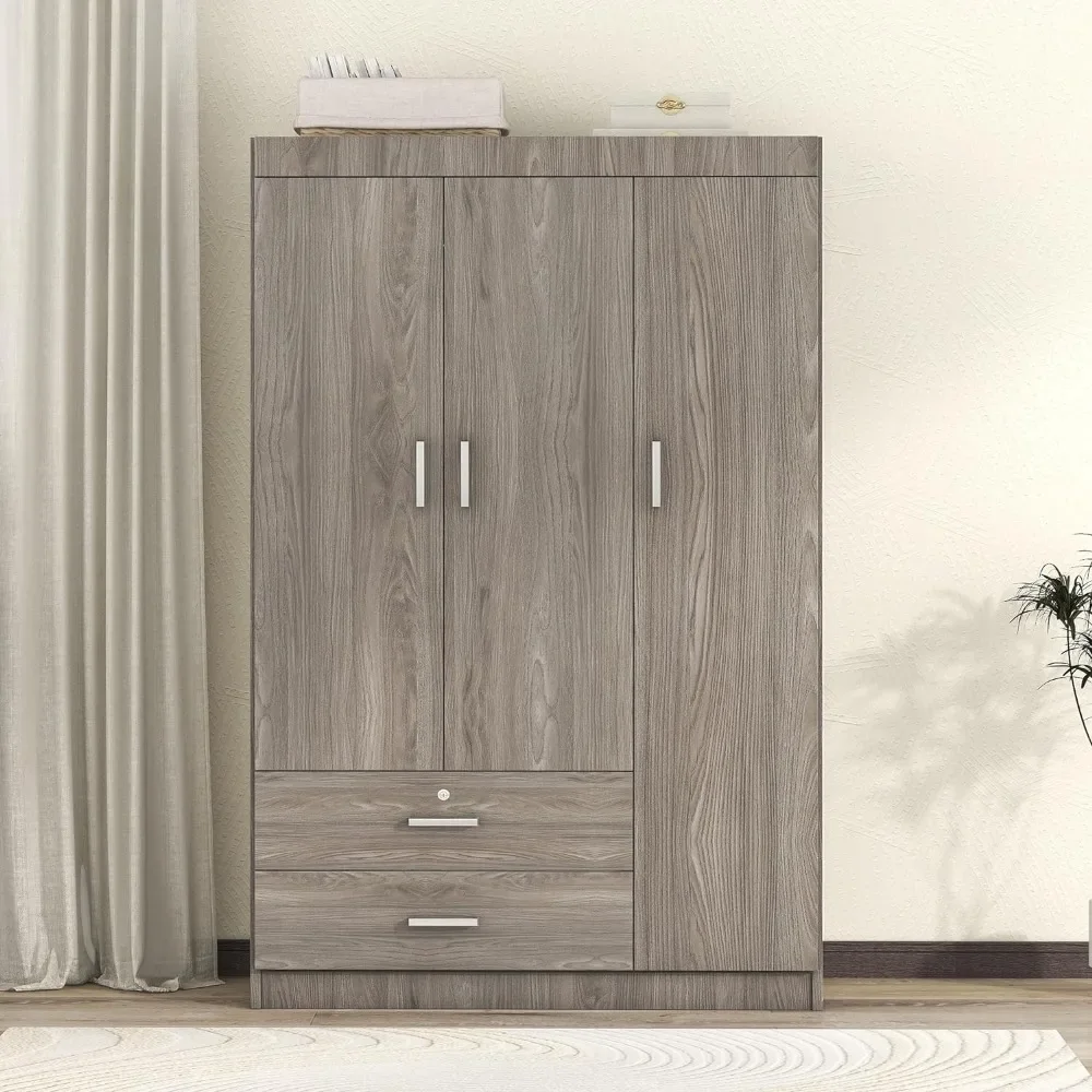 Freestanding Wardrobe Cabinet for Bedroom,  3 Doors Wooden Wardrobe Closet Cabinet with 2 Drawers， with Hanging Rod Shelf