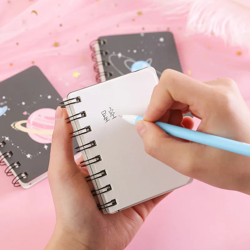 Mini Portable Rollover Coil Pocket Notepad Cartoon Pink Planet Pattern Notebook Student Diary Hand Account Stationery Supplies