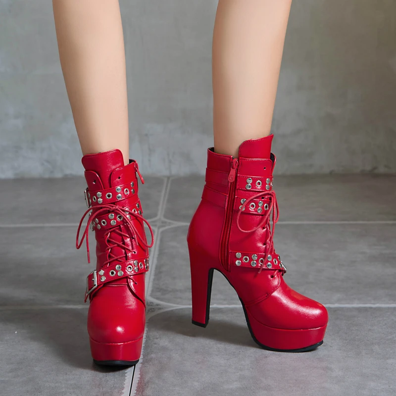 Women Ankle Boots Platform Lace Up High Heel Short Women Boots Buckle Red Yellow White Round Toe Sexy Ladies Shoes Large Size 48