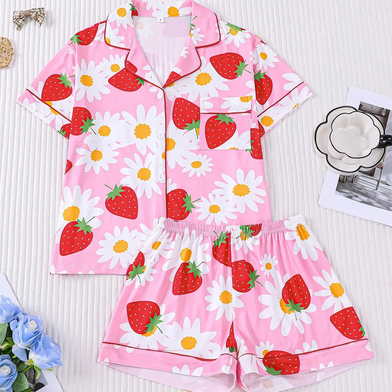 Ins style fruit themed sleepwear women's short sleeved shorts strawberry style casual home wear can be worn outside