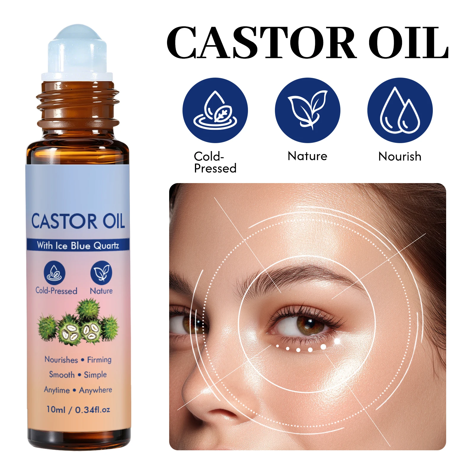 Cold Pressed Castor Oil Rollerball 10ml - Natural Quartz Ball Massage for Hydrating Eye & Face Care, Daily Comfort.