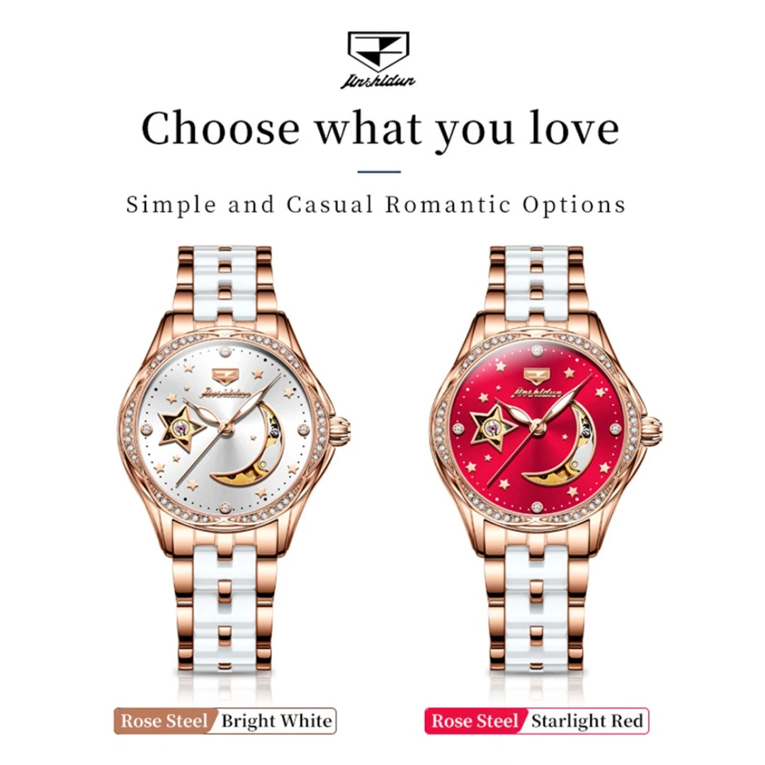 JSDUN 8962 패션 기계식 시계 선물, 세라믹 시계 밴드, 라운드 다이얼 손목시계