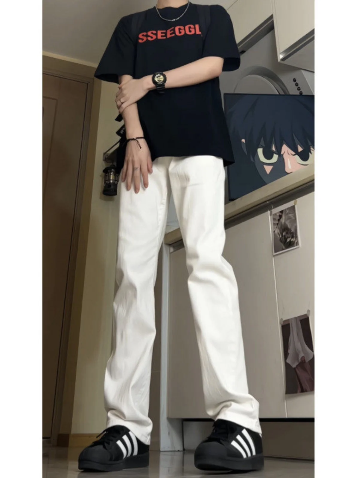 

Белые эластичные джинсы, мужские повседневные брюки с завышенной талией в американском стиле High Street Vibe, расклешенные прямые брюки, облегающие брюки для отдыха