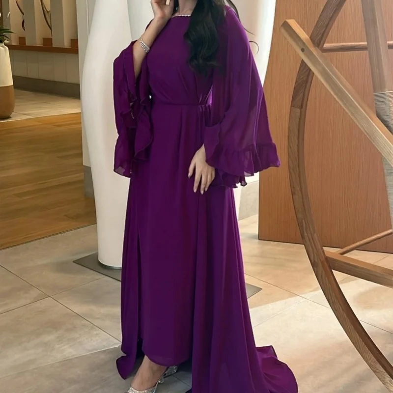 Elegant Satin Crew-Neck Floor-Length Camisole Long-Sleeved Pleat Embellished Evening Dress Cocktail Dress Custom