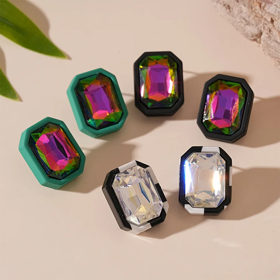 Retro simple diamond-encrusted square colored diamond rectangular  needle earrings, environmentally friendly niche temperament