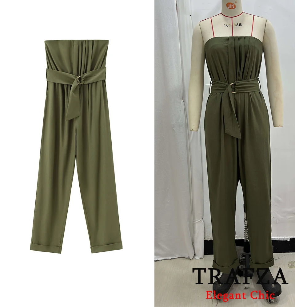 TRAFZA Office Casual Bustier Belted Jumpsuit Women's High Waisted Jumpsuit New 2024 Summer Fashion Holiday Sexy Jumpsuit