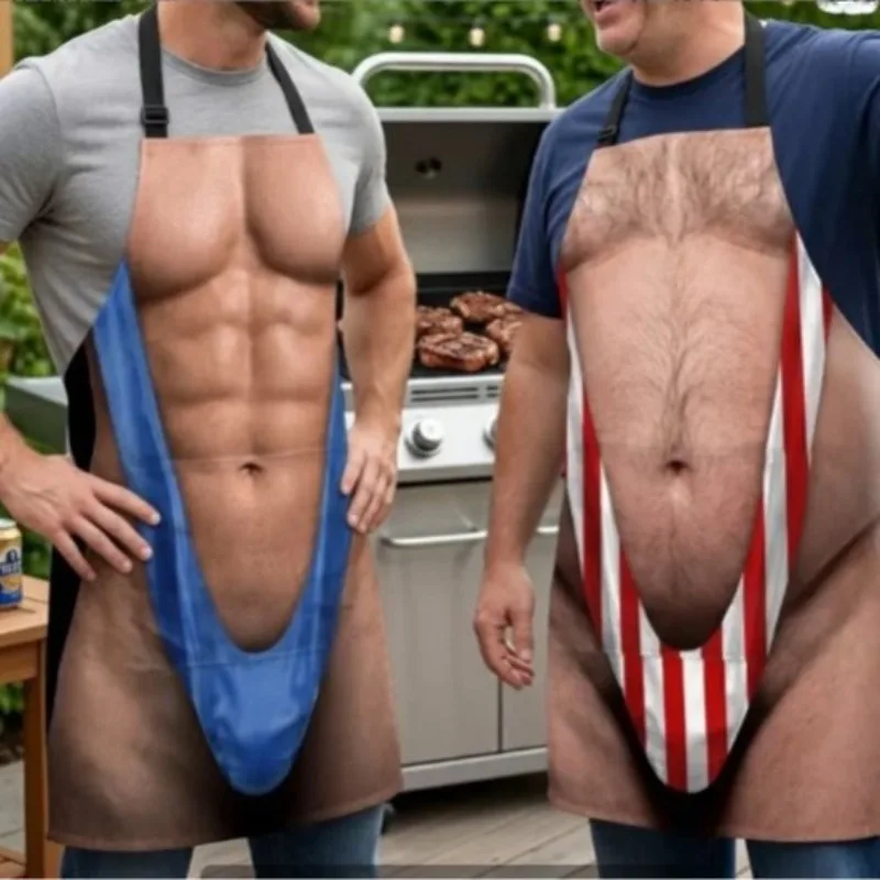 Creative and Humorous Muscle Men's Printed Apron, Innovative Kitchen Cooking Apron, Barbecue Cooking Accessories, Humorous Gift