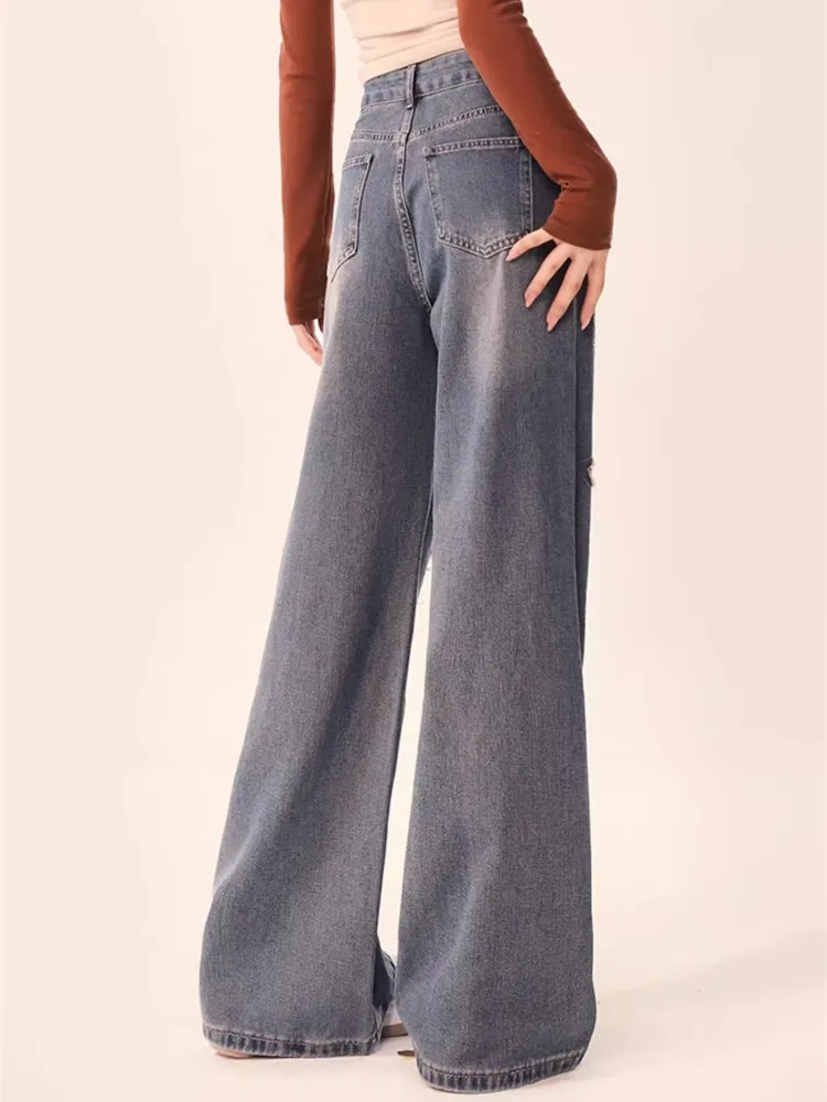 2023 Korean Y2K Fashion Star Embroidery Baggy Stacked Jeans Pants For Women Clothes High Waist Straight Vintage Lady Trousers