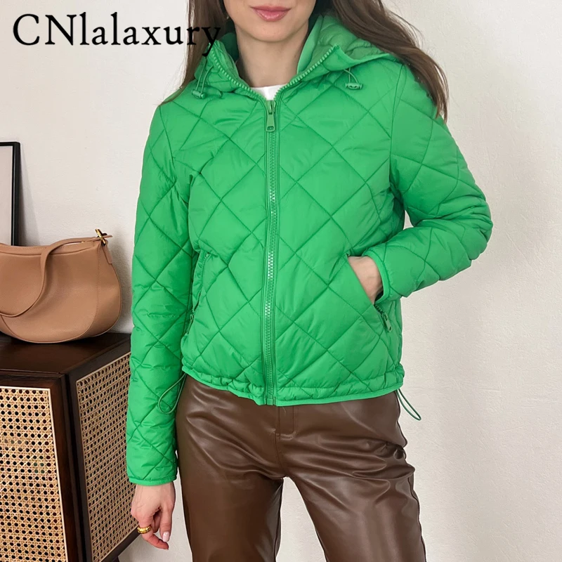 CNlalaxury 2022 Women Thin Parkas Green Hoodie Outwear Female Long Sleeve Plaid Padded Coat Casual Loose Jacket Spring Bomber