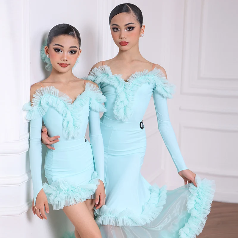 Mint Blue Latin Dance Suit Girls Professional Competition Dancing Clothes Cha Cha Samba Rumba Stage Costume Kids Dancewear 1142