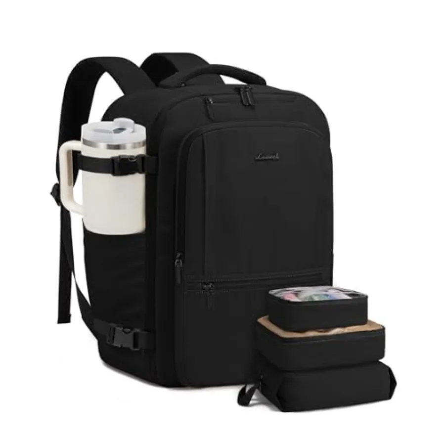 

Travel backpack for women men: 50L carry-on, airline-approved TSA personal item weekender bag, water-resistant nylon, black, wi
