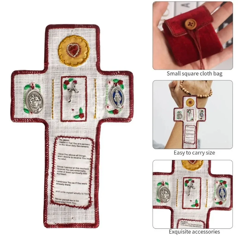 Lightweight Silver Cross Prayer Pocket Portable, Hand Sewn, Embroidered Decoration, Shrine Blessing