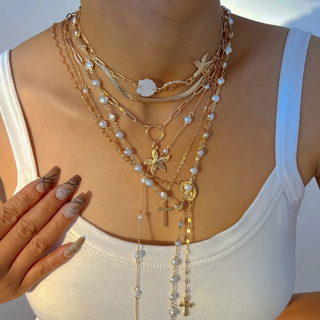 7-teiliges Vintage-Jesus-Kreuz-Muschel-Seestern-Anhänger-Y-Halsketten-Set für Frauen, Boho, minimalistische Perlenketten, täglicher Urlaubsschmuck