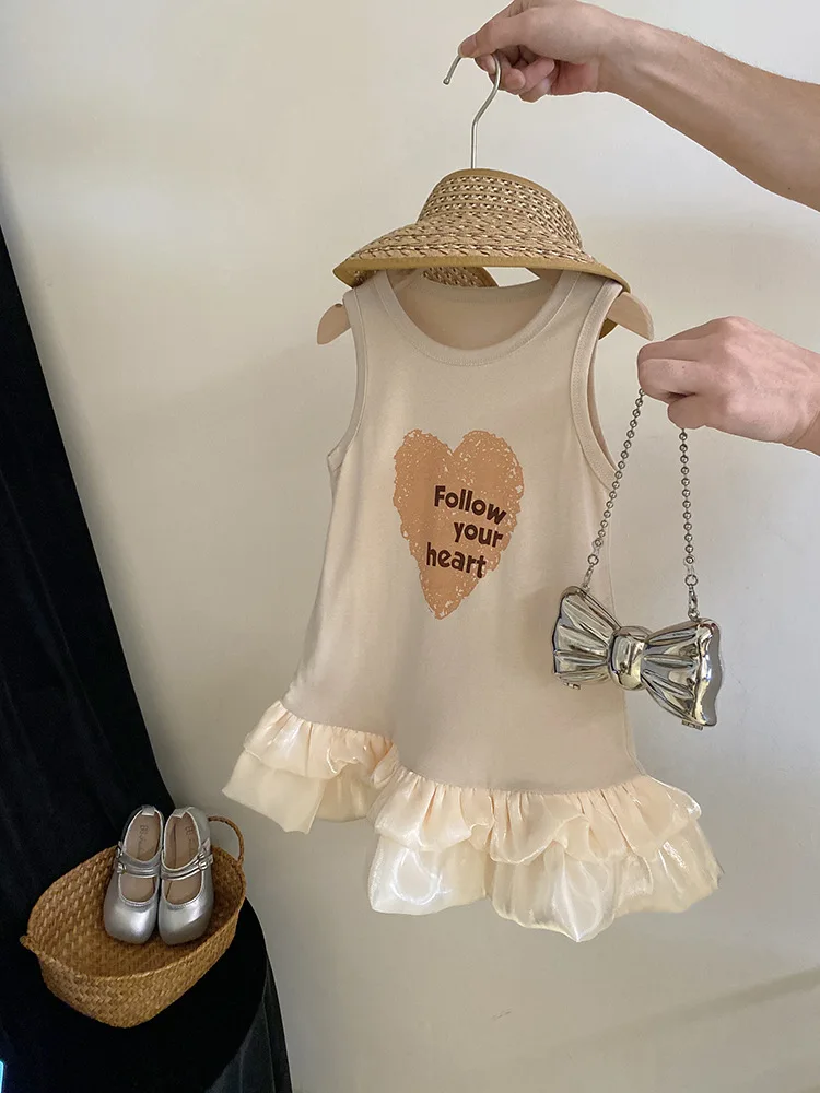 Girls' Dress2024Summer New Little Girl Stitching Letter Vest Dress Western Style Fashion Love Princess Dress