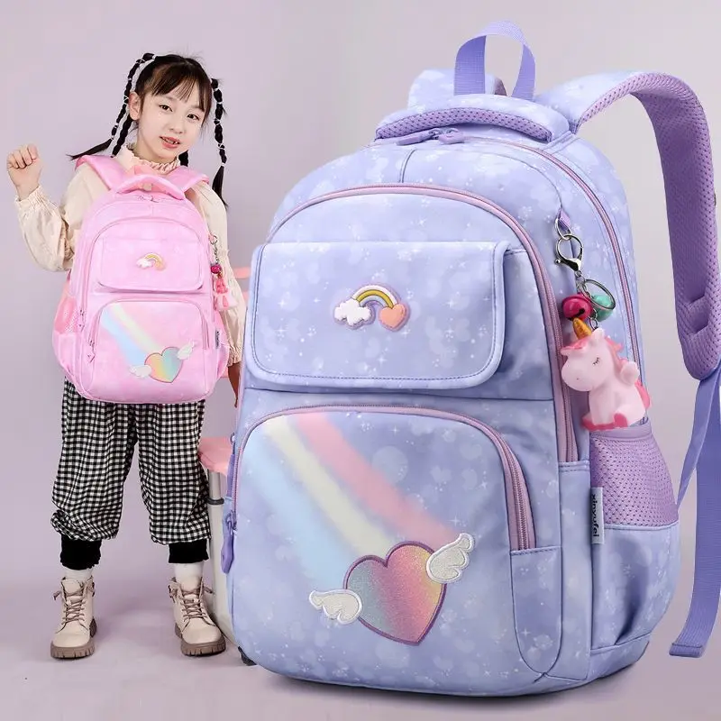 

2025 new rainbow backpack With pendant Cute schoolbag High Beauty 3-6 Grades Primary School Bags for Girls mochilas escolares