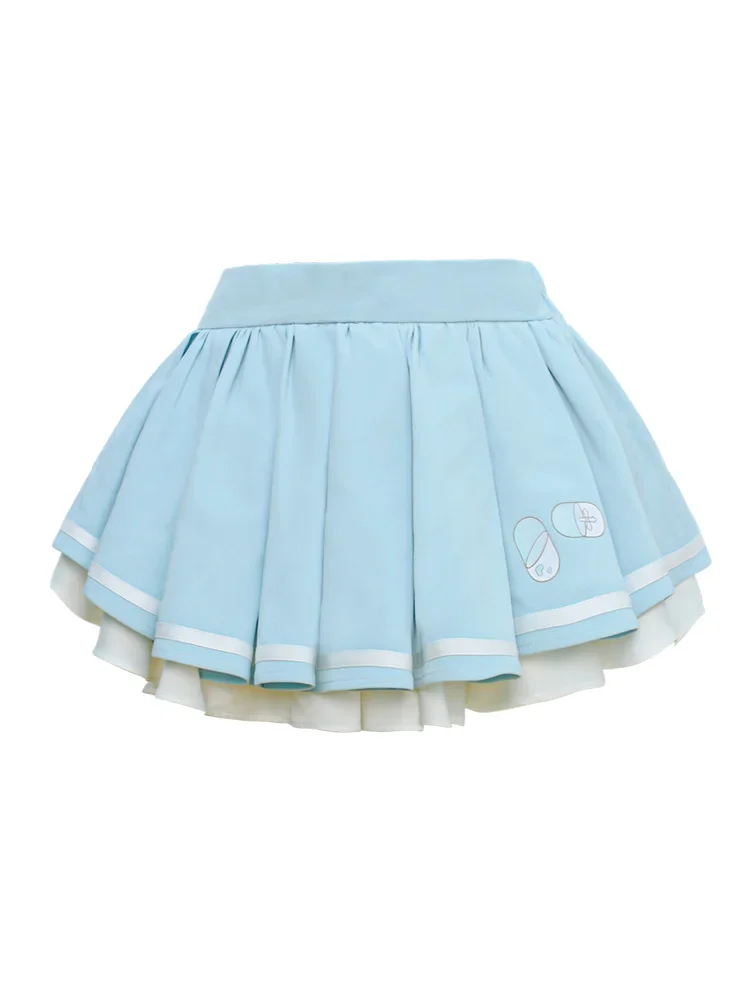 New 2024 Summer Y2K Girls Cute Water Blue Top and Skirt Set Sweet Buckles Short Sleeve Shirt High Waist Mini Skirt Outfits