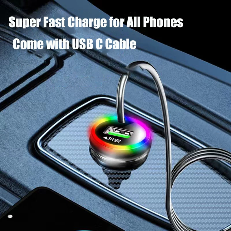 2 in 1 USB Car Phone Charger with Type C Cable PD Super Fast Charging Adapter for iPhone 15 14 iPad Samsung OPPO Oneplus Huawei