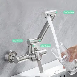 Grifo de fregadero de cocina montado en la pared, brazo oscilante de acero inoxidable 304, rotación de doble orificio, mezclador de ahorro de agua caliente y fría, grifo de lavabo