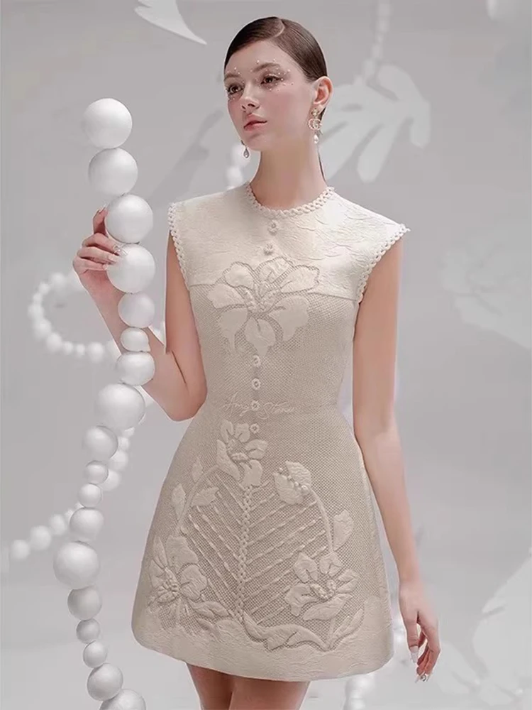 Elegant เย็บปักถักร้อย Splicing ชุดเดรสสายฤดูใบไม้ผลิผู้หญิงแขนกุด O คอชุดมินิฤดูร้อนเอวสูงซิปหลวมชุดสั้น