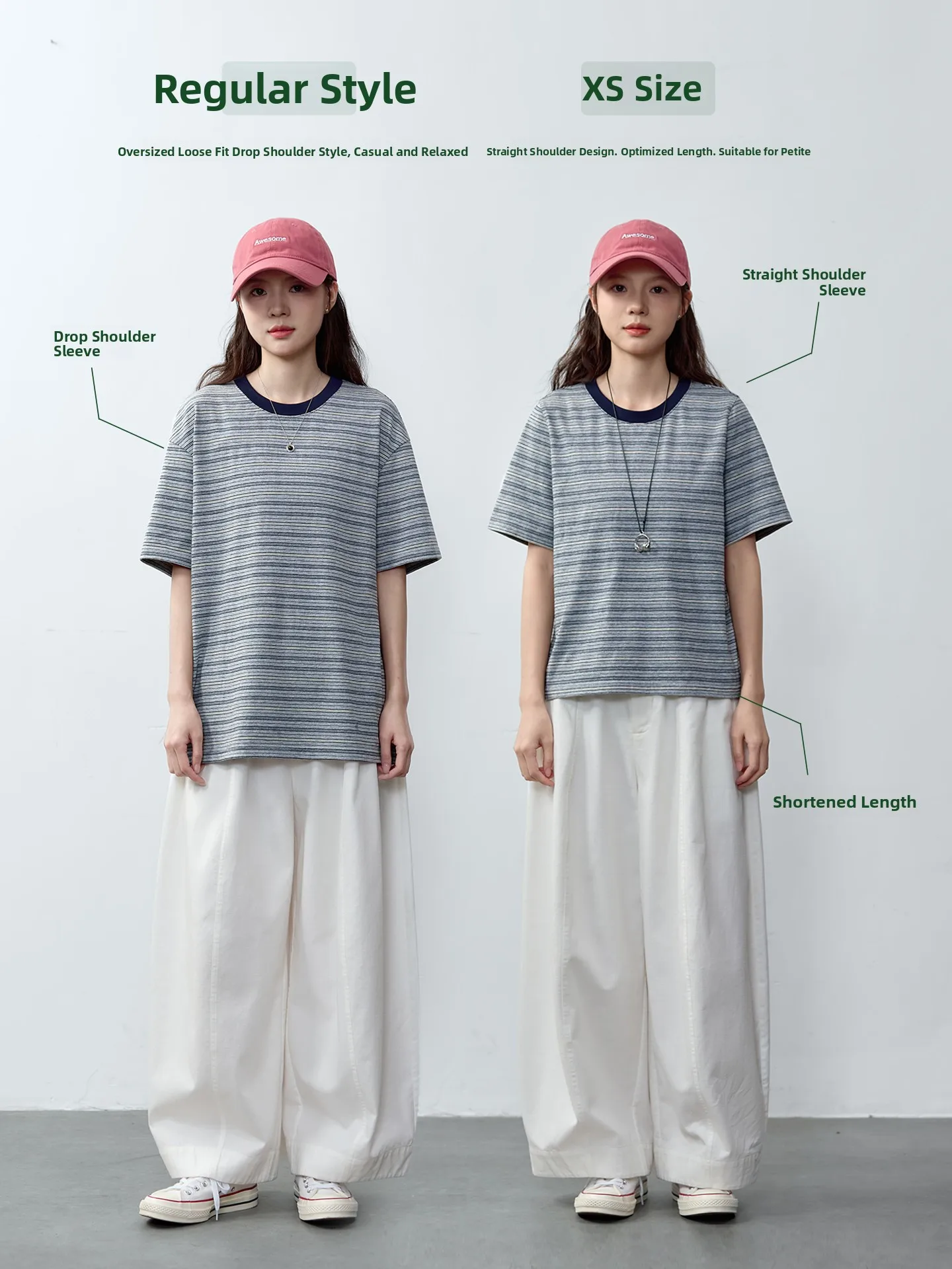 Retro Grey Striped Cotton T-Shirt Women's Loose Casual Shoulder Drop round Neck Short Sleeve Summer Top City Walk Commute Daily