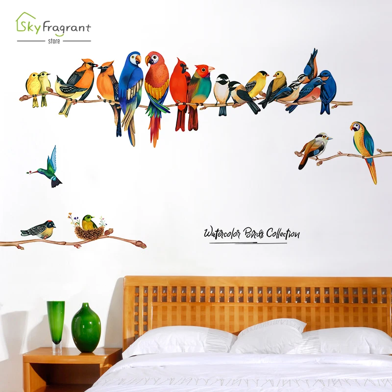 Colorful Birds Wall Stickers For Living Rooms Bedroom Background Home Wall Decor Parrot Animal Self Adhesive Vinyl Glass Sticker