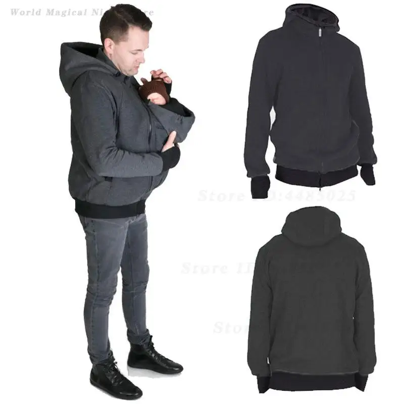 Men Autumn Winter Multifunctional Dad Kangaroo Hoodie with Baby Carrying Pouch Casual Long Sleeve Sweatshirt Outerwear